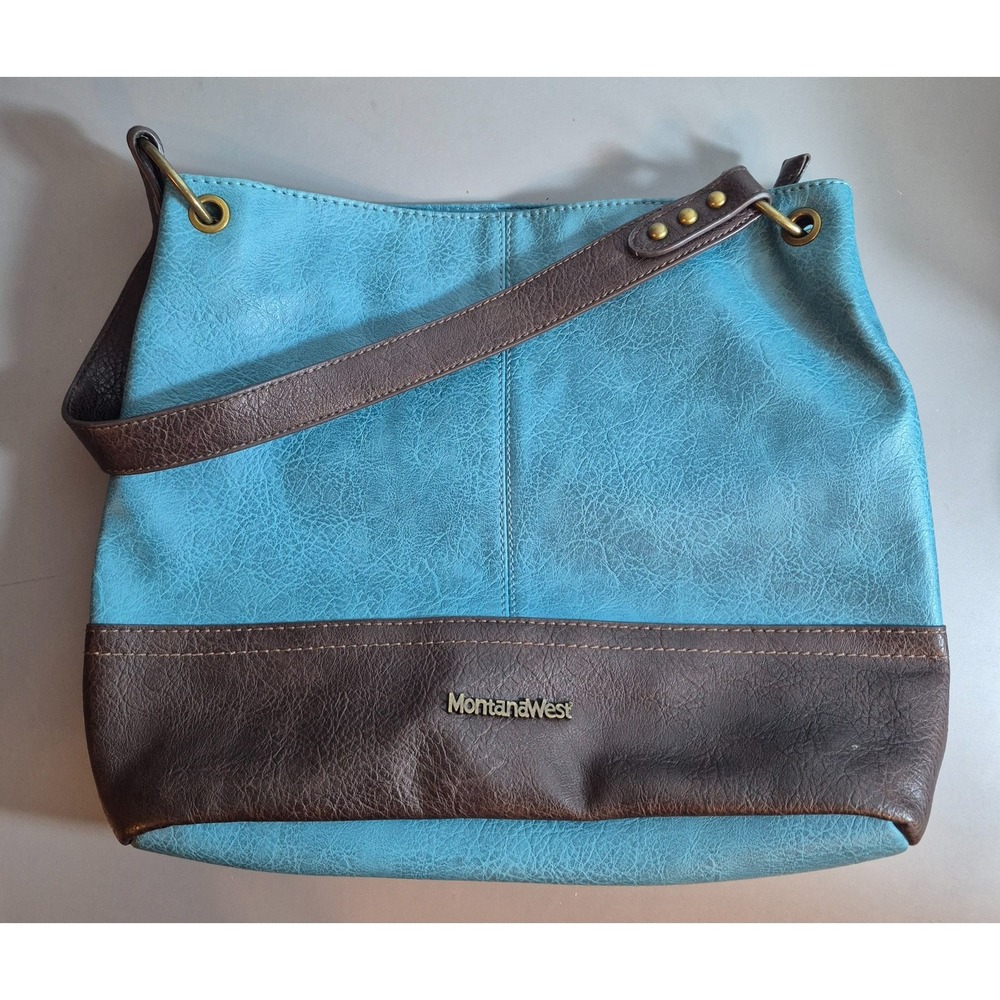 Montana West Select Womens Shoulder Bag Blue and Brown Faux Leather